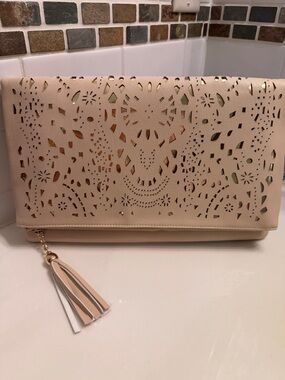 Beige Laser-Cut Tassel Clutch Bag